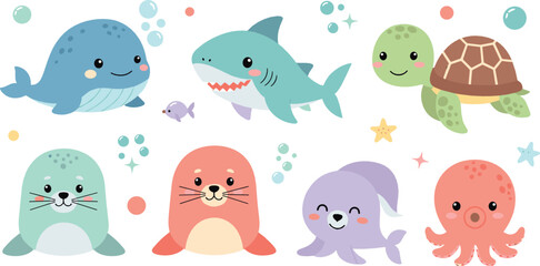 Cute cartoon sea animals collection with whale shark turtle seal octopus and fish adorable ocean wildlife vector illustration set © Yevhenii creative