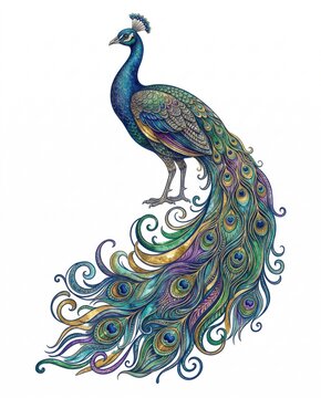 Luxurious Art Nouveau peacock illustration with ornate gold leaf details and jewel-tone watercolor textures. Elegant spiritual bird symbol isolated on white background.