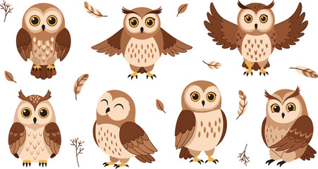 Fototapeta premium Cute Owl Character Set with Flying, Standing and Perching Poses Featuring Feathers and Woodland Elements Cartoon Bird Vector Illustration Collection for Kids Designs.