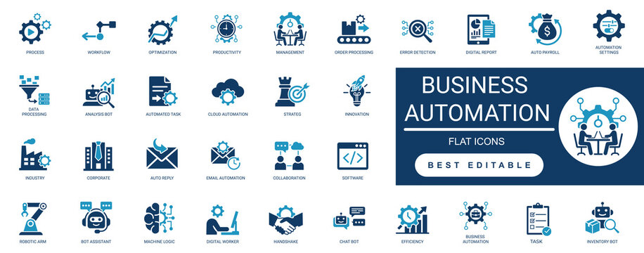 business automation solid icon set. efficiency, workflow, rpa, optimization, productivity, software, strategy, integration, cloud. editable vector