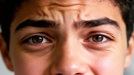 Fototapeta premium Gen Z leader concept. Close-up of worried young man's eyes and furrowed brow expression