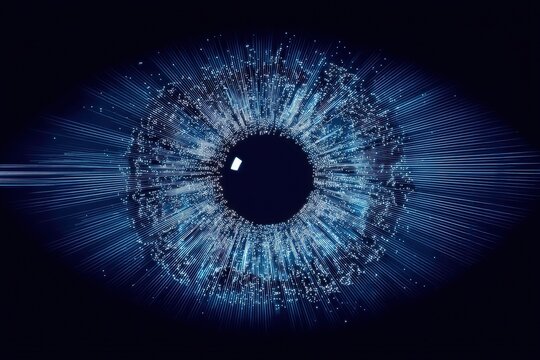 Blue digital particles arranged in eye pattern, radiating from center, data flow