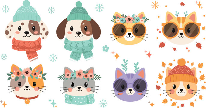 Cute cat and dog faces with winter hats, scarves and autumn accessories, adorable kawaii pet characters seasonal cartoon illustration set