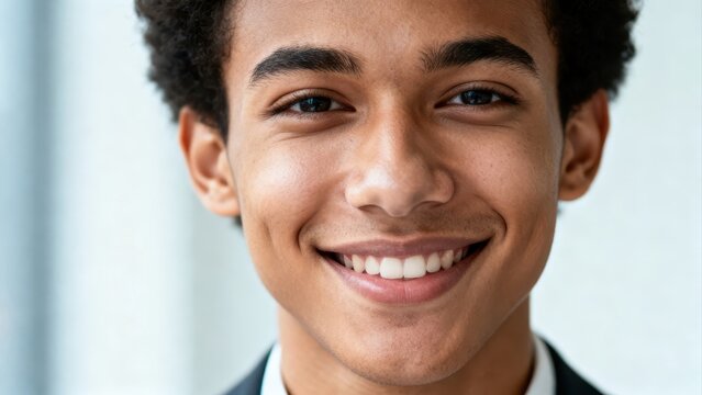 Gen Z leader concept. Young man with curly hair smiling confidently in a close-up portrait