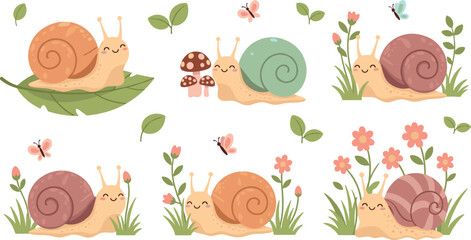 Cute cartoon snails in garden with flowers leaves mushrooms and butterflies adorable nature animal vector illustration set © Yevhenii creative