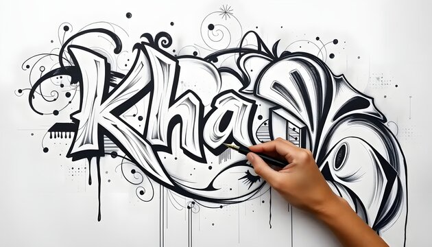 shows a graffiti artwork featuring the word Khan. drawn using black ink with a dynamic, sharp lettering style, and has shading elements that give a 3D effect