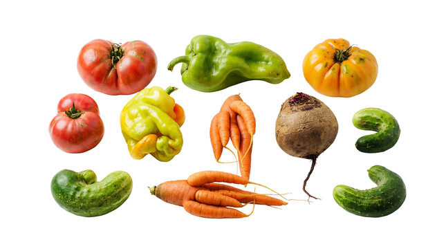 Photograph of a colorful assortment of uniquely misshapen vegetables, showcasing beauty in natural imperfections and.