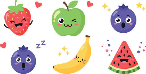Cute fruit cartoon characters collection with strawberry, apple, blueberry, banana and watermelon, adorable kawaii food mascots illustration for kids design © Yevhenii creative