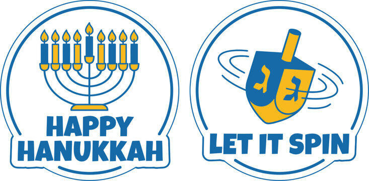 Adorable graphic illustrations for joyous Hanukkah, celebrating moments of faith with a glowing menorah and a spinning dreidel.