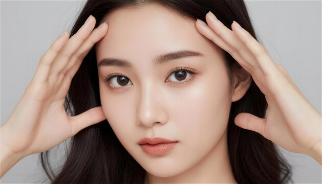 こめかみに手を当てる若い女性のポートレート リフトアップ