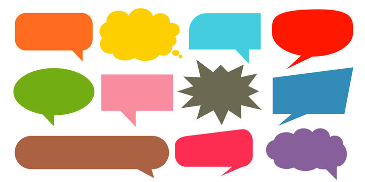 A simple design set of colorful message comment chat boxes. A collection of comic and social media speech bubbles, text boxes, and chat boxes. A vector set of comic and social media speech bubbles.