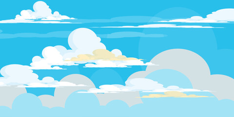 Illustration of a blue sky with white clouds in a flat style. Blue sky background and white clouds. Cartoon sky	
