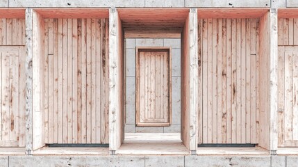 Wooden architectural structure with repetitive design and warm lighting
