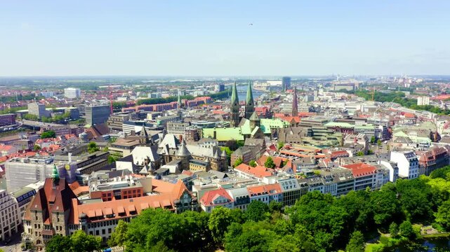Bremen, Germany. The historic part of Bremen, the old town. Bremen Cathedral ( St. Petri Dom Bremen ). View in flight. Drone footage, Point of interest