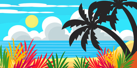 silhouette of coconut tree in flat style. illustration of palm tree in flat style. summer background. summer theme scenery © Annas
