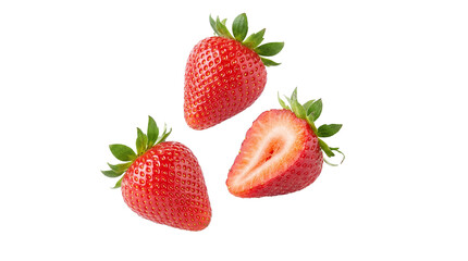 Bright red ripe strawberries with green calyxes, one perfectly sliced, captured as a vibrant, fresh food photograph.