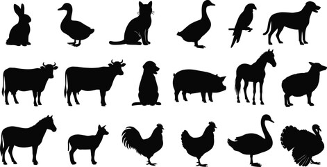 Large Farm Animal Silhouette Vector Set Featuring Cow Horse Pig Sheep Turkey Chicken Duck Rabbit Cat and Dog for Rural Designs © MSTJAHERA