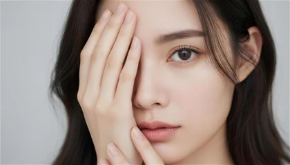 Fototapete Schönheitssalon 手で顔の半分を隠す若い女性のポートレート スキンケア  © Yka