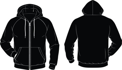 Black zip up hoodie silhouette template front and back view, hooded sweatshirt vector mockup isolated on white background for design © Sabbir's World