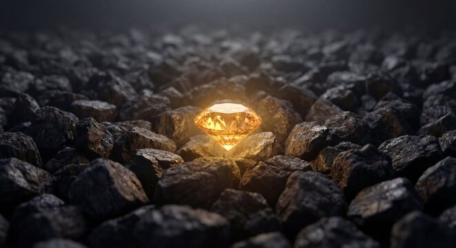 A single glowing golden diamond rests isolated among a vast field of dark stones, a powerful metaphor for the scarcity principle and immense value.