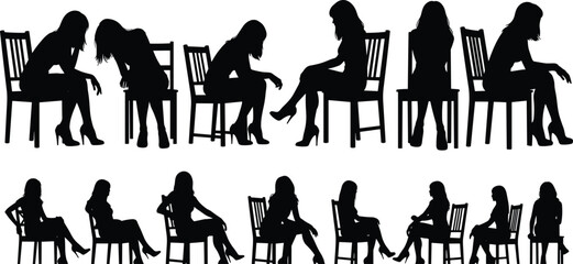 Set of black cat silhouettes in various poses, sitting standing and lying down feline figures isolated on white background vector © Sabbir's World