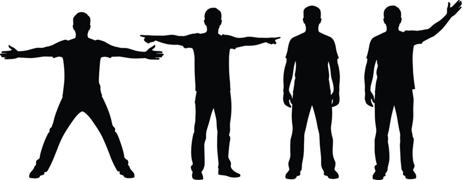 Man silhouettes in various expressive poses with arms wide open pointing and waving hands isolated on white background for design