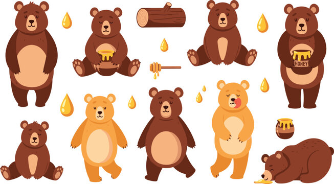 Cute Bear Character Illustration Set Featuring Brown Bears Holding Honey, Sitting, Standing, Walking, and Sleeping for Forest Wildlife Cartoon Design.