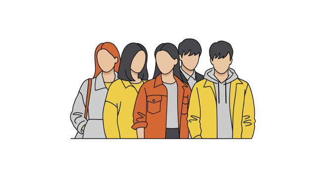 Diverse Group of Young Adults Standing Together in Casual Attire.