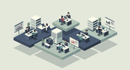 Obraz premium Isometric Business Office with Workers and Data Analysis.