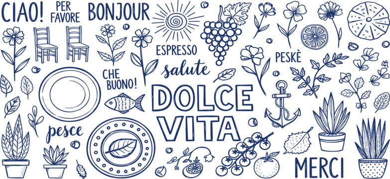 Whimsical hand-drawn vector art collection with Italian-inspired elements, embracing the sweet life through food, travel symbols, nature, and friendly greetings