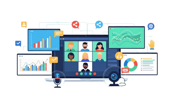 A vector graphic illustration of a remote team meeting on a computer