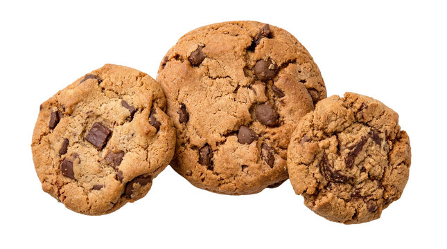 A delicious trio of freshly baked chocolate chip cookies, rich in flavor and texture, isolated on a transparent.