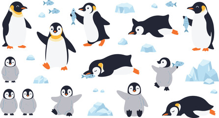 Fototapeta premium Cute Penguin Character Set Featuring Adult and Baby Penguins Playing, Walking, Eating Fish, and Resting on Ice for Arctic Wildlife Illustration.