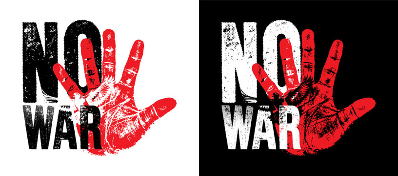 No War Protest Symbol with Red Handprint and Peace Dove
