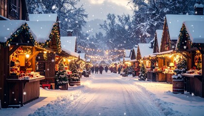 Naklejka premium Snowy Christmas Market Scene with Stalls and Lights.