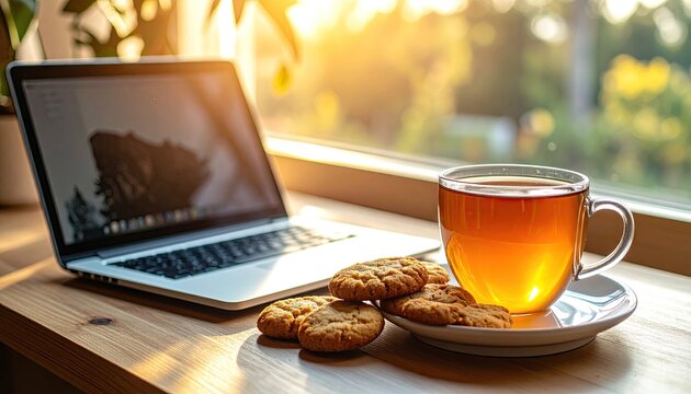 Laptop, tea, cookies by a window, blurred trees background, for relaxation or work
