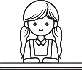 Obraz premium Hand Drawn Woman Sitting at Desk Black and White Avatar Illustration in Minimal Line Art Style Design