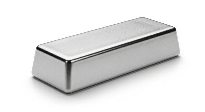 Polished silver-colored metal bar ingot, gleaming and reflective, symbolizing wealth, investment, and valuable resources isolated on a white background