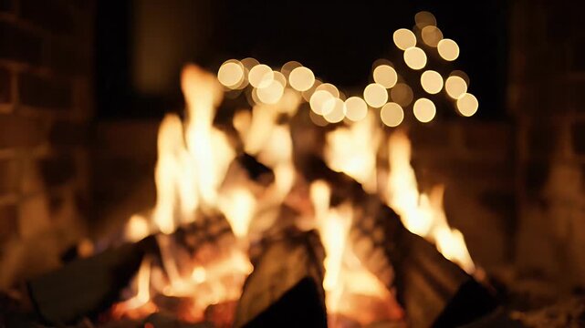 Blurry Fireplace with Bokeh Lights - A blurry and out-of-focus shot of a cozy fireplace. Strings of lights are visible above the fire, creating a bokeh effect.