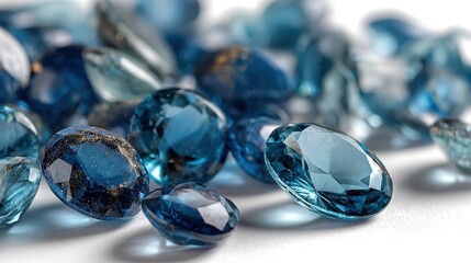 Many blue gemstones scattered on white background, random shapes cuts sparkling luxury elegant abstract pattern