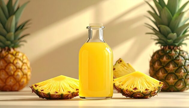 Pineapple juice in bottle, surrounded by fresh fruit, reflecting sunshine, perfect for tropical health concepts