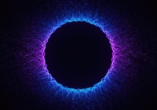 Abstract digital waveform displaying synchronous, pulsating quantum rhythm patterns in deep blue and purple, featuring a central void or blank space, frequency, synchronous, waveform