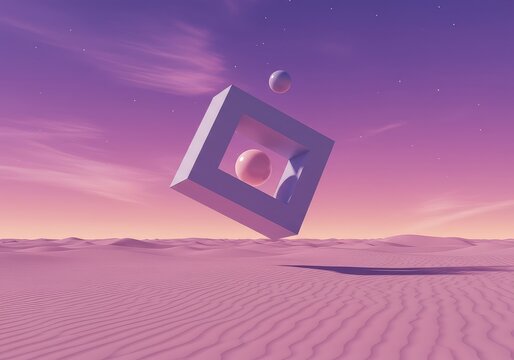 Abstract impossible geometry floating above a pastel desert plane, illuminated by a bizarre purple and pink dream sky, magenta, background, structure