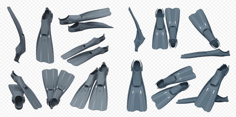 Set of diving flippers in various positions, isolated on a transparent background, for swimming and snorkeling activities. © Heri