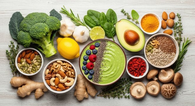 A vibrant flat lay showcases a creamy green smoothie bowl surrounded by an assortment of colorful superfoods.