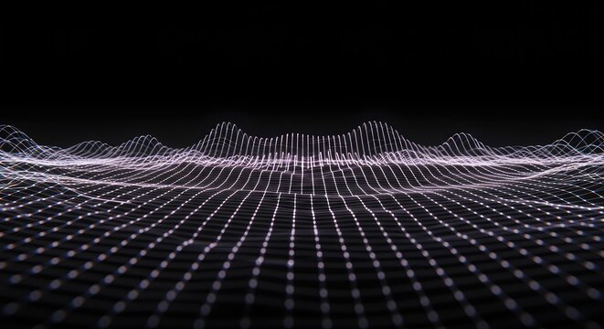 Abstract visualization of uniform energy waves spreading across an empty field, demonstrating harmonic vibration and resonance patterns, technology, signal, oscillation