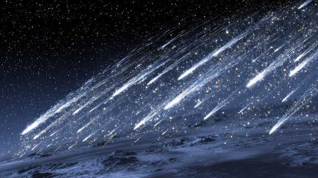 Intense celestial event features multiple bright streaks falling across a dark, star-filled night sky above a planetary surface