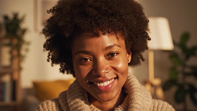 A smiling person with curly hair wears a cozy sweater indoors