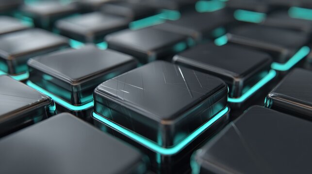 Dark, metallic square buttons illuminate with bright cyan light from below in a close up composition.