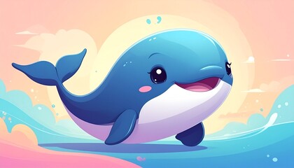 Obraz premium Smiling Cartoon Whale in Ocean Waves.